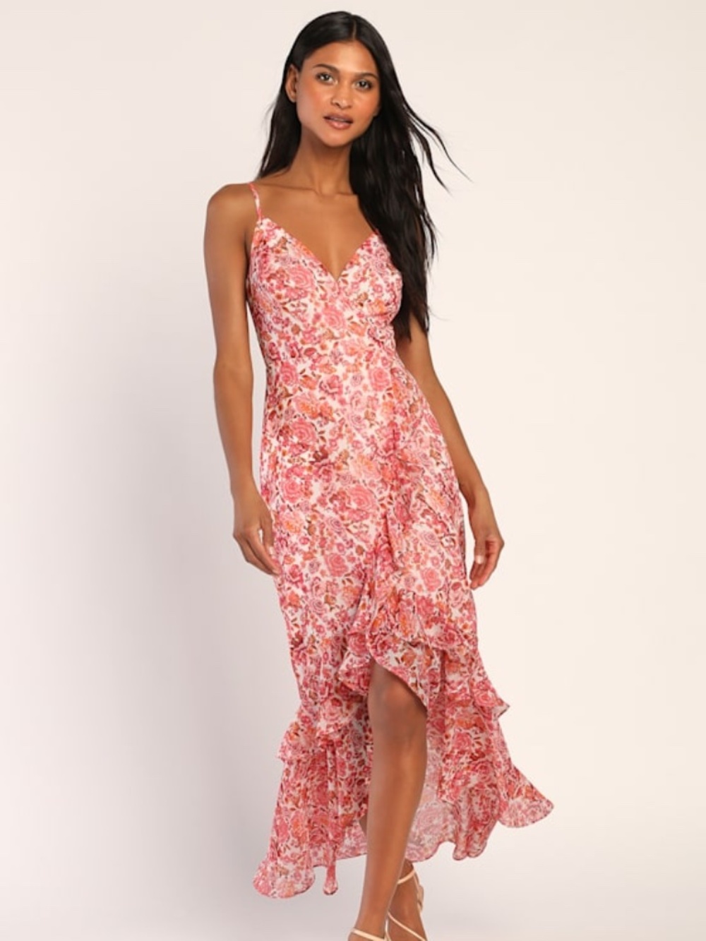 Lulus Always Enchanting Pink Floral Metallic Ruffled High-low Dress - Size S